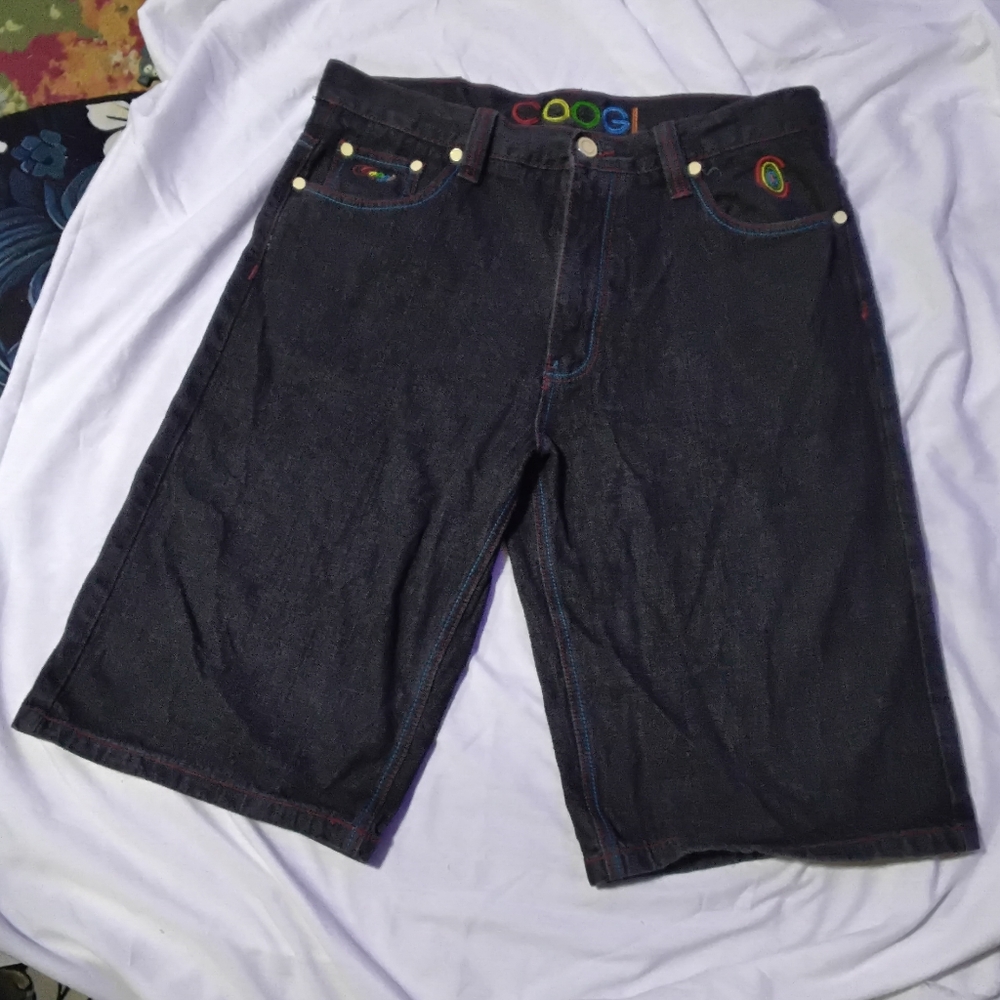 COOGI Men’s Dark Wash Embroidered Denim Jean Shorts Baggy Y2K Hip Hop Size W38
